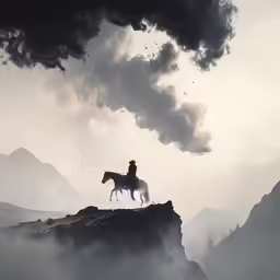 a person on a horse riding over a mountain with smoke coming out of the clouds