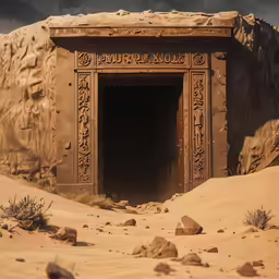 a desert area that is very rocky and features a door to the underground