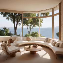 a room with large glass doors and lots of pillows on the couch