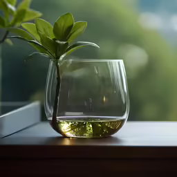 a potted plant next to a glass of water