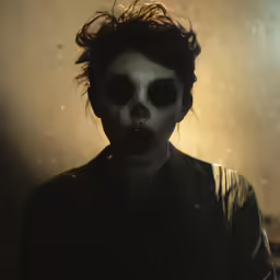a person with makeup and creepy make - up is standing in a dimly lit room