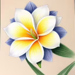 a painting of an orange and yellow flower with blue centers,a drawing of a yellow and blue flower with green leaves