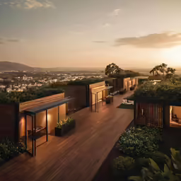 a deck and patio area at dusk in a rooftop