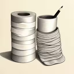 a drawing of stacked rolls of toilet paper next to a pencil drawing,a drawing of two rolls of toilet paper and a pencil on top
