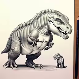 an drawing of a large godzilla with a smaller godzilla in front,a drawing of a dinosaur and a t - rexo
