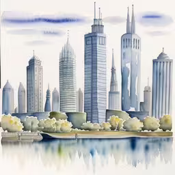 a painting of a city on the water,a painting of a boat in the water near a city with tall buildings,an artistic drawing of the city skyline from across a lake,watercolor painting of city with large skyline,a drawing of a city skyline with skyscrapers