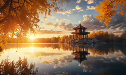 a small building in the middle of a lake