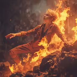 a man reaching to catch fire that is blazing in the air