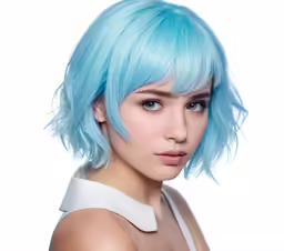 a woman with a blue haircut and bangs