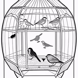four birds in a birdcage inside a cage,several birds standing inside a cage on the ground