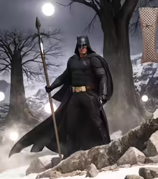 a batman holding a sword and wearing a costume