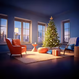 a room decorated for christmas with a christmas tree in the corner