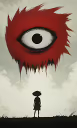 the silhouette of a woman with an umbrella looking at an evil eye