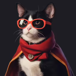 a black and white cat with red glasses and a scarf