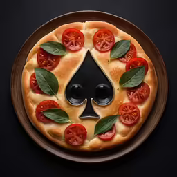 a black and brown plate with a pizza design made to look like an ace symbol