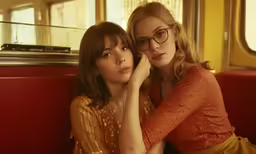 two women in orange are sitting in the booth