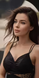 a woman standing with her long hair blowing in the wind