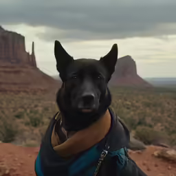 a dog wearing a coat in the desert
