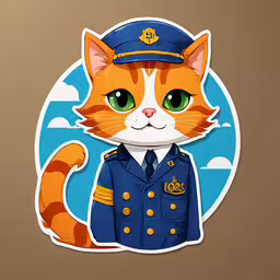 the cat sailor is sitting in front of a brown background,a small paper cut out of a cat wearing a uniform