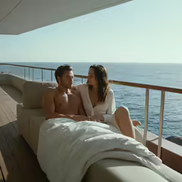 a man and a woman are laying in front of the ocean