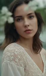 a young woman in white clothing with white flowers in her hair