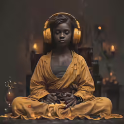 a woman wearing headphones sitting in front of a light
