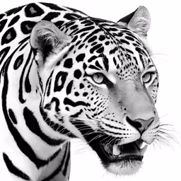 black and white image of a tiger roaring its teeth