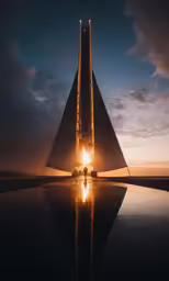 a very tall triangular shaped tower with a sunset in the background