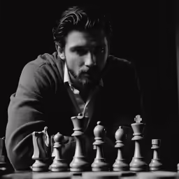 a man sitting in front of a chess board with several pieces on it