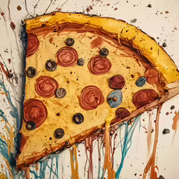a painting of a slice of pizza with some paint on it