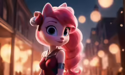 an animated pink haired girl is on the street