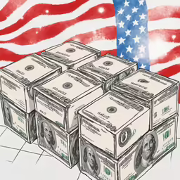 dollars in stacks standing between an american flag and a waving flag