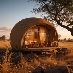 a wooden cabin sitting on top of a dry grass field