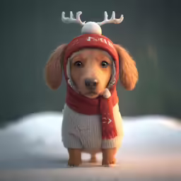 a dog wearing a sweater and a scarf while standing in the snow