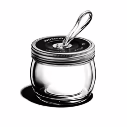black and white photograph of glass jar with spoon inside