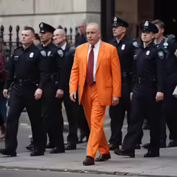 two men in orange suits and police officers walking by