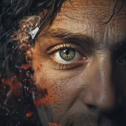 an odd looking image of a man with orange eyes