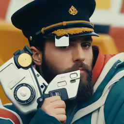 the man is holding up his camera in one hand