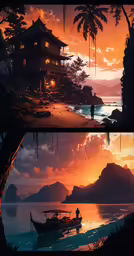 two pictures with a boat near an island with mountains