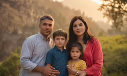 a family poses for a photo together while mountains can be seen in the background
