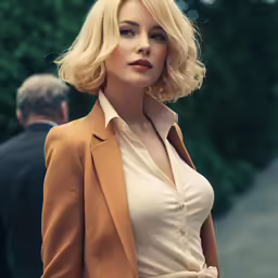 blonde haired woman with tan blazer, white shirt, and black pants standing on sidewalk