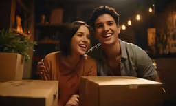 man and woman smiling next to a box