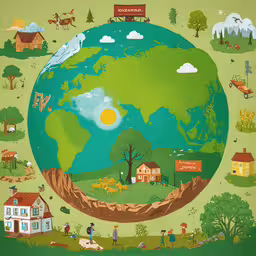 a world in a map with houses and animals,the earth is in a flat design, with various houses on it