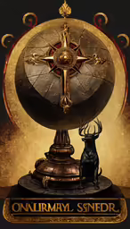 the gold cross and a black bull are placed in front of the clock