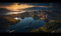 the sun sets over a mountain and lake