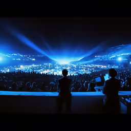 a group of people that are standing in front of some lights