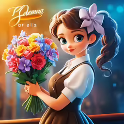 the girl holding a bouquet of flowers is looking at the camera