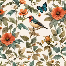 a painting of a bird perched on a branch next to flowers