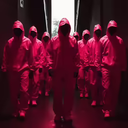 a group of men standing in pink outfits