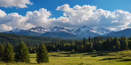 the valley is bordered by mountains and trees